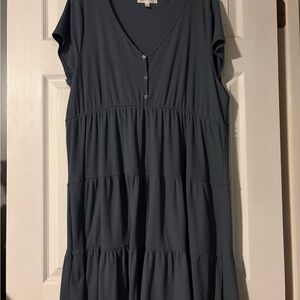 Planet Gold Plus 2X Dusty Blue Ruffle Above Knee V-Neck Dress (Small Stain)